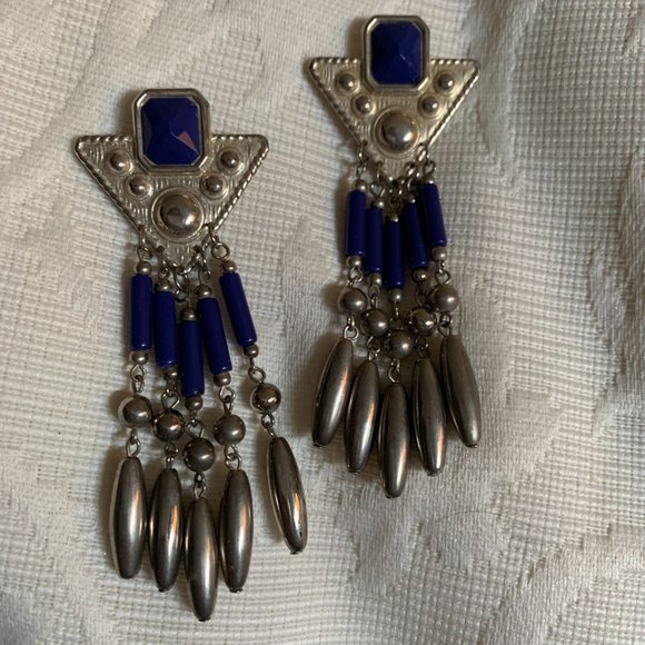 Vintage 80's Silver & Blue Beaded Dangle Earrings Set - Picture 2 of 12